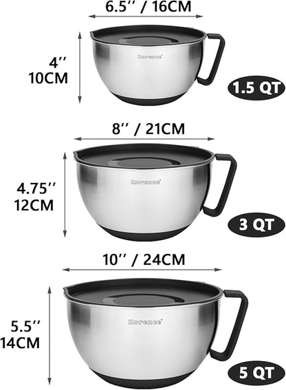 Rorence Stainless Steel Non-Slip Mixing Bowls With Pour Spout, Handle and Lid, Set of 3, Black - Image 3