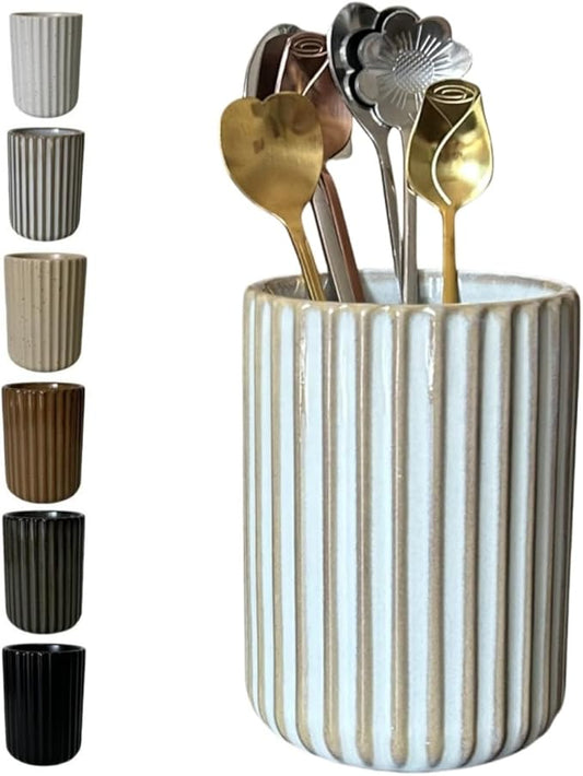 TOPYOKK Stoneware Coffee Bar Utensil Holder Tea & Coffee Spoon & Stirrer Holder for Stir Stick Straw Teaspoon Holder Spoon Cup Small Utensil Jar Fluted Vertical Stripe (Retro White) by TOPYOKK