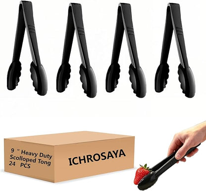 24 Pieces Disposable Serving Tongs, 9" Heavy-Duty Plastic Utensils, BPA-Free, Scalloped Grip Salad Tongs, Perfect for Buffets, BBQ, Parties & Catering, Black by ICHROSAYA
