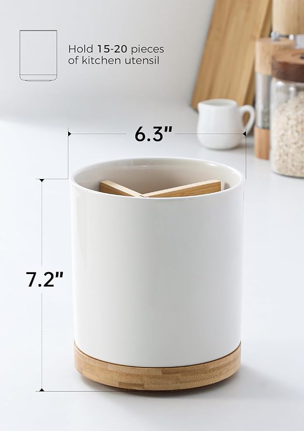 LoeJan 3 Compartment Utensil Holder, Extra Large Utensil Crock, Stable Ceramic Utensil Organizer, Cooking Tool Organizer Set for Kitchen Counter Farmhouse Decor (C-White(Grossy)) - Image 2