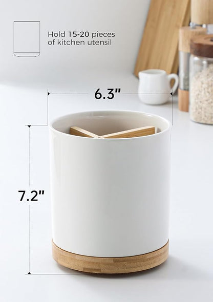 LoeJan 3 Compartment Utensil Holder, Extra Large Utensil Crock, Stable Ceramic Utensil Organizer, Cooking Tool Organizer Set for Kitchen Counter Farmhouse Decor (C-White(Grossy)) - Image 2