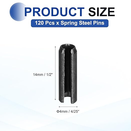 MECCANIXITY 120Pcs Slotted Split Roll Pins 4/25 Inch(4mm) Dia. 1/2 Inch(14mm) Length 65Mn Steel Spring Tension Expansion Dowels for Secure Fastening, Black