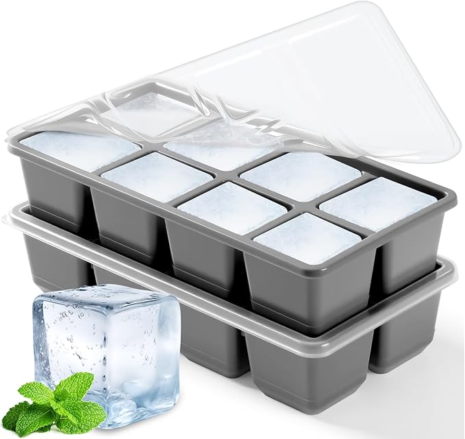 Large Ice Cube Trays with Lid, Jrisbo 2 Pack Stackable Silicone Ice Cube Molds for Freezer, Easy Release 16 Big Square Ice Trays for Whisky Cocktails (Pure Gray) by Jrisbo