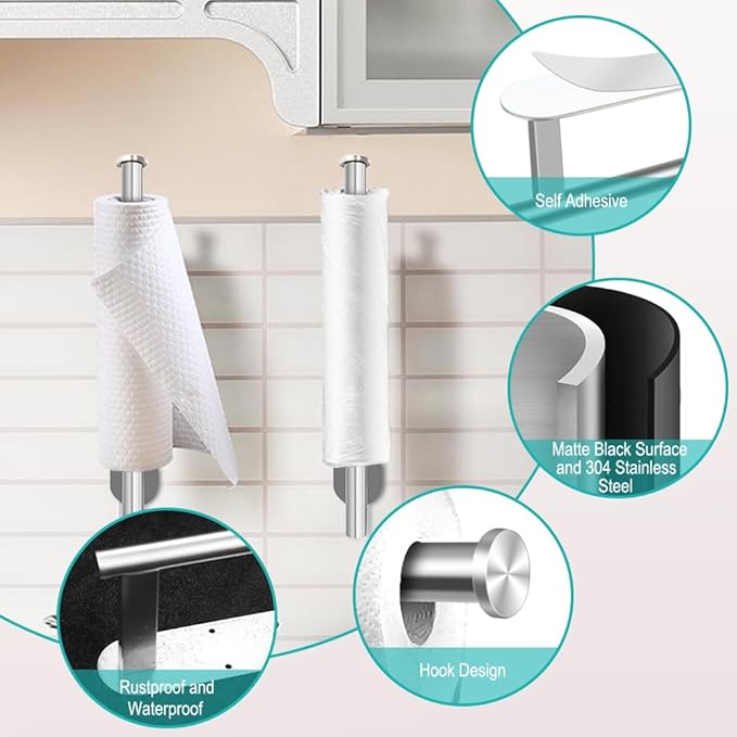 MGahyi Paper Towel Holder Wall Mount, Self Adhesive Or Drilling Paper Towel Holder Under Cabinet, 13.2 inch Stainless Steel Kitchen Paper Towel Roll Rack, Bathroom Towel Hanger(Silver, 2*Rectangle) - Image 3
