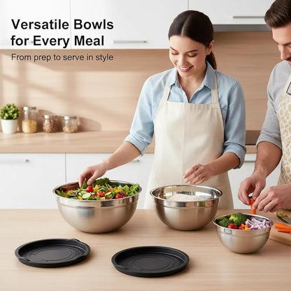 Mixing Bowls with Lids Set of 3 - Stainless Steel Nesting Bowls (1.5, 2.5, 5 QT) with Food-Grade TPE Lids, BPA-Free, Airtight & Durable for Baking, Meal Prep