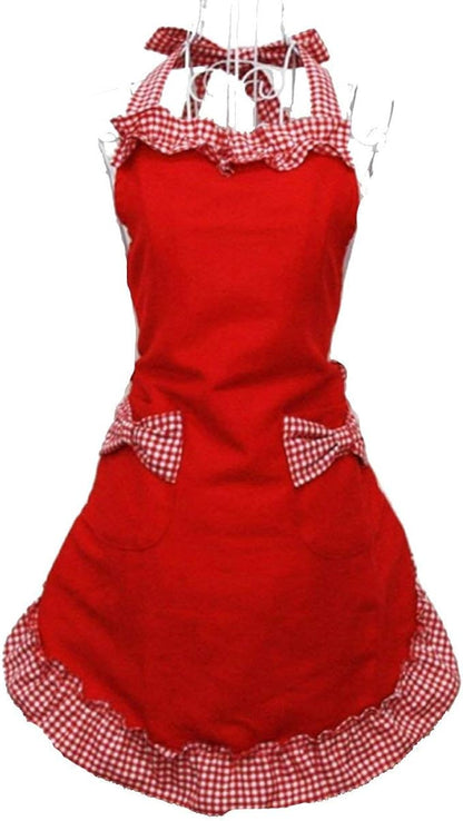 Hyzrz Cute Fashion Cotton Red Aprons for Women Girls Vintage Cooking Retro Apron with Pockets for Mother's day Gift