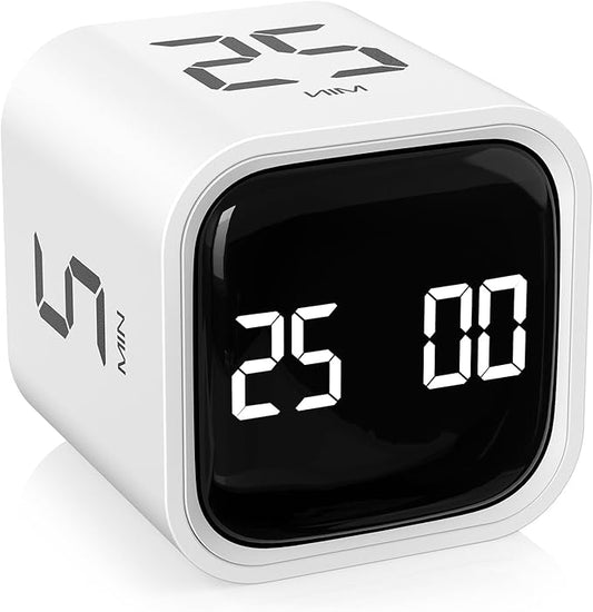 Rotating Pomodoro Timer 5, 25, 10 50 Minutes Preset, Desk Productivity Flip Timer, ADHD Tool Cube Countdown Stopwatch, Vibration/High/Low Volume/Custom Modes, for Work, Study, Back to School, White by OORAII