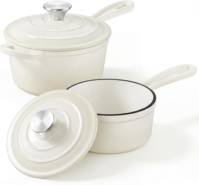 2 Pcs Enameled Sauce Pan with Lid, Leonyo 1 Qt & 2 Qt Cast Iron Saucepan Set, Small Bread Dutch Oven Pots for All Kitchen Cooktops Cooking Pasta, Milk, Soup - Up to 500°F, Cream White