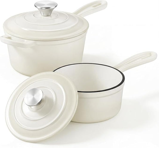 2 Pcs Enameled Sauce Pan with Lid, Leonyo 1 Qt & 2 Qt Cast Iron Saucepan Set, Small Bread Dutch Oven Pots for All Kitchen Cooktops Cooking Pasta, Milk, Soup - Up to 500°F, Cream White