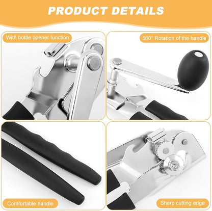 2 PCS Commercial Can Opener Manual, Stainless Steel Handheld Can Opener with Folding Easy Crank Handle Save Effort Large Ca-n Opene-r Smooth Edge for Seniors Chef