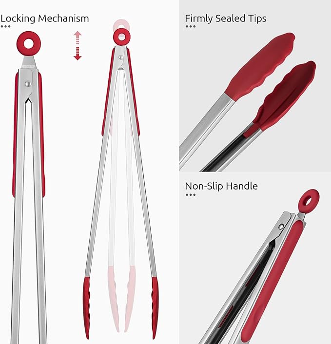 600ºF Heat Resistant Kitchen Tongs: U-Taste 16 inch Extra Long Large Silicone Cooking Tong with Sturdy Non Stick Rubber Tips & Non Slip Silicon Coated 18/8 Stainless Steel Handle for Grilling BBQ(Red) - Image 6
