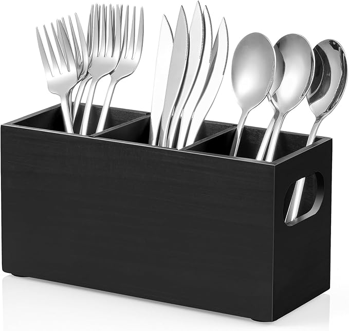 DRASTAR Silverware Holder, Wooden Utensil Caddy, Silverware Organizer Countertop, Cutlery Holder for Party, Fork Spoon Knife Organizer，Black by EnhanceYourDailyLife