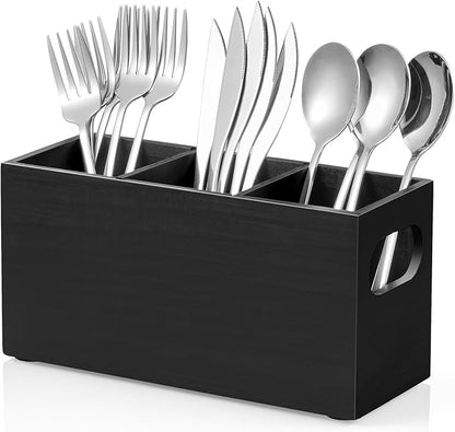 DRASTAR Silverware Holder, Wooden Utensil Caddy, Silverware Organizer Countertop, Cutlery Holder for Party, Fork Spoon Knife Organizer，Black by EnhanceYourDailyLife