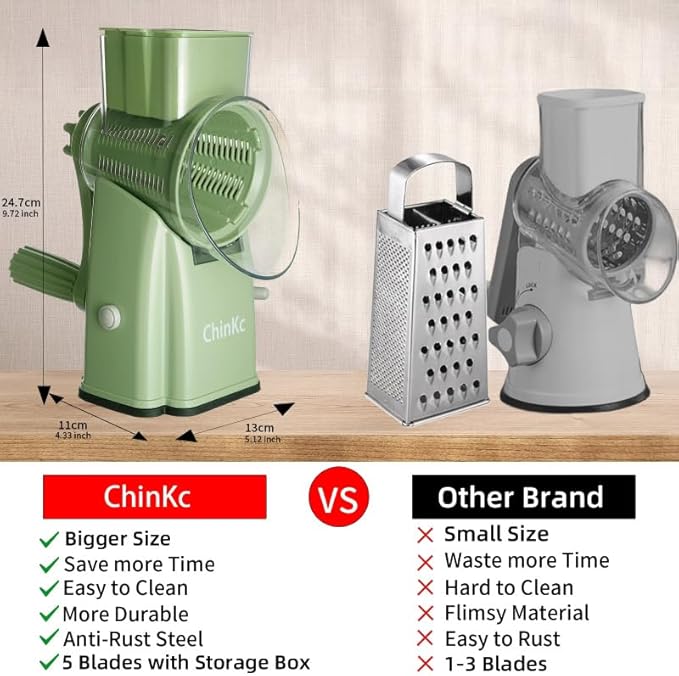 Upgrade Rotary Cheese Grater Shredder with Handle, Strong Suction Base, Multi-purpose Rotary Grater Slicer with 5 Interchangeable Blades for Ice, Vegetables, Fruit, Nuts with Blade Storage Box - Image 2