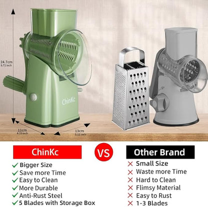 Upgrade Rotary Cheese Grater Shredder with Handle, Strong Suction Base, Multi-purpose Rotary Grater Slicer with 5 Interchangeable Blades for Ice, Vegetables, Fruit, Nuts with Blade Storage Box - Image 2