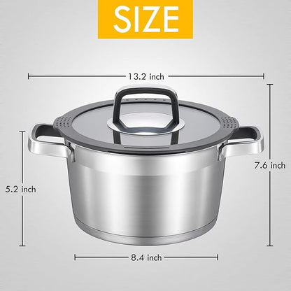 MARSKITOP 5 Quart Stock Pot with Lid, 18/8 Stainless Steel Pasta Pot with Strainer Lid, Heavy Duty Soup Pot with Anti-Hot Handle, Suitable for All Stovetops, Dishwasher Safe
