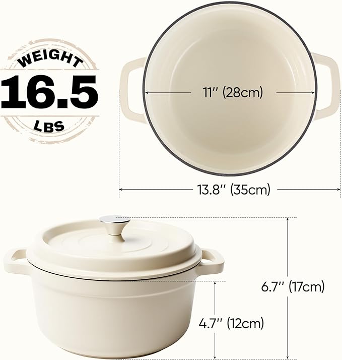 6.5 Quart Dutch Oven Pot with Lid, Non Stick Enameled Cast Iron Dutch Oven for Bread Baking, Heavy-Duty, Oven Safe Ceramic Cookware Up to 500°F for Baking, Braising, Stews, Roasting, Beige - Image 4