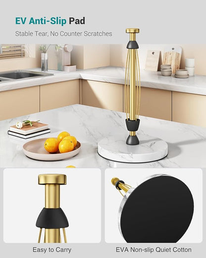 Paper Towel Holder Countertop, Marble Weighted Base, Warm Gold, One-Handed Tear, Freestanding Paper Towel Stand Rack with Ratchet Mechanism for Kitchen Bathroom Essential Decor Accessories - Image 6