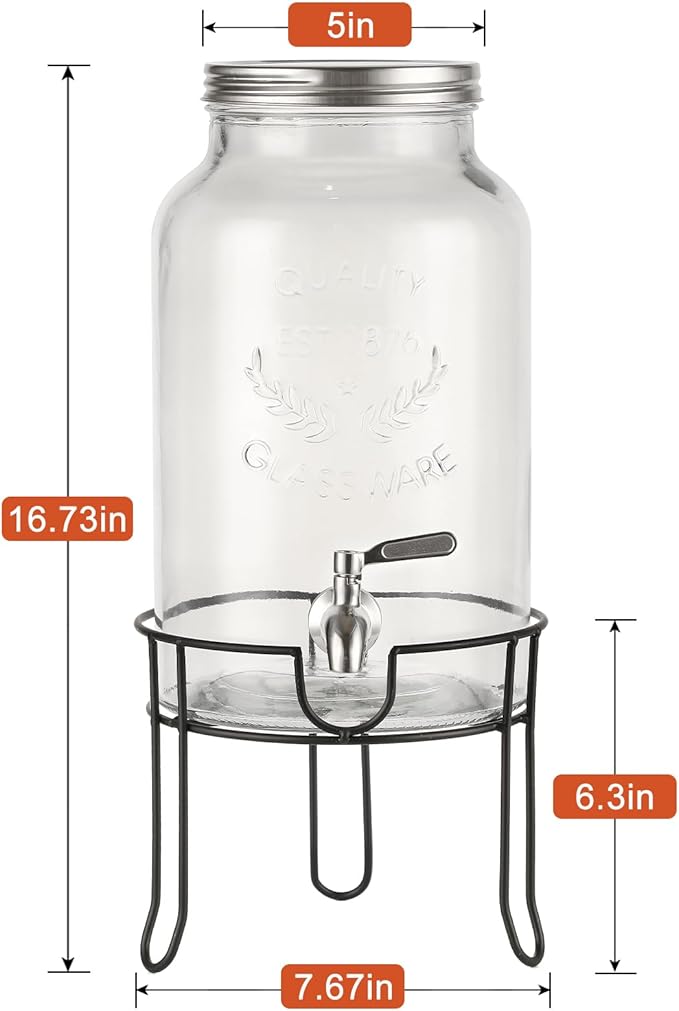1.5 Gallon Glass Drink Dispenser with Stand – Large Beverage Dispenser with Stainless Steel Spigot, Chalkboard Tags & Marker – Glass Water Dispenser for Fridge, Parties, Weddings and Home Use,Silver - Image 3