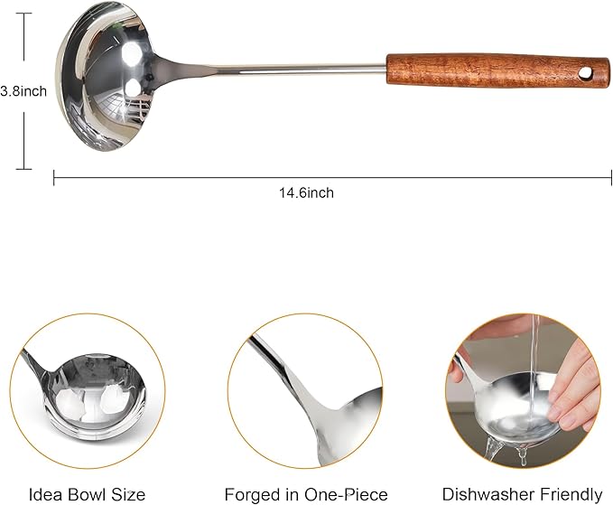 FJNATINH Soup Ladle, Food Grade Stainless Steel Ladle, Cooking Soup Spoon Kitchen Tools with Heat Resistant Wooden Handle, 13.7 Inches - Image 2