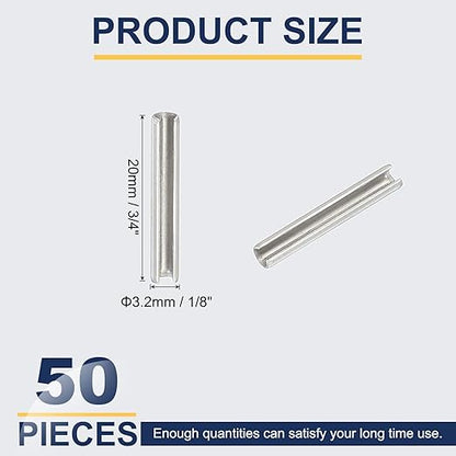 PATIKIL Slotted Spring Pin, 50 Pcs 1/8" x 3/4" (3.2mm x 20mm) 304 Stainless Steel Split Roll Pins Spring Dowel for Home Improvement Automotive Machine Repair, Silver
