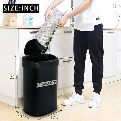 Dkeli Kitchen Trash Can for Bathroom Bedroom Home Office Automatic Touch Free High-Capacity Garbage Can with Lid Brushed Stainless Steel Waste Bin 13 Gallon / 50L - Black