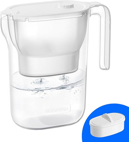 Waterdrop PT-05W-L Water Filter Pitcher, 7-Cup, NSF Certified, 200-Gallon Long-Life Filter Purifier, Reduces Chlorine and PFOA/PFOS, for Countertop, Replaces 6,400 Plastic Water Bottles a Year, White by Waterdrop