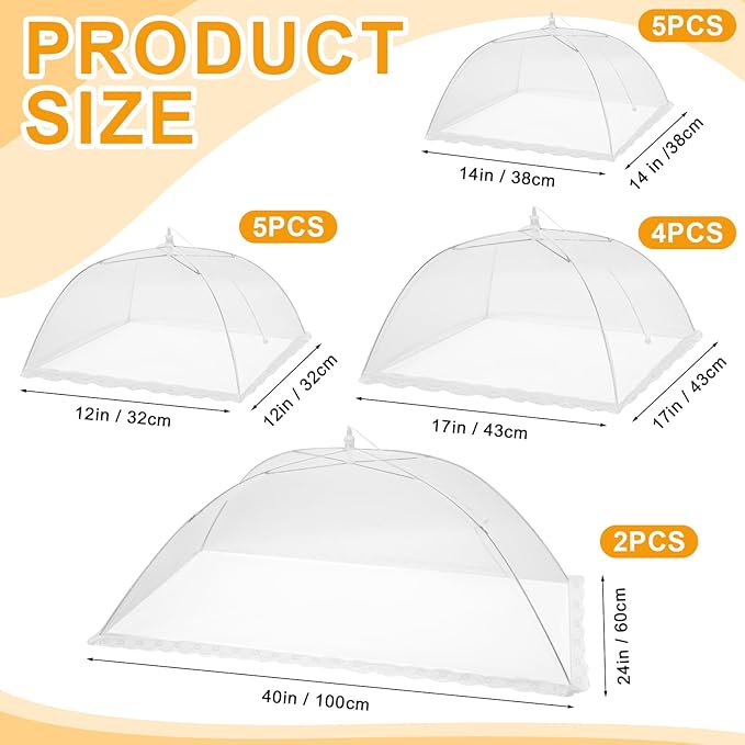 Tanlade 16 Pcs Mesh Food Cover Food Tent Set Reusable Collapsible Pop up Food Nets for Outdoors Summer Party Picnic, 2 Pcs 40" x 24", 4 Pcs 17" x 17", 5 Pcs 14" x 14", 5 Pcs 12" x 12" (White)