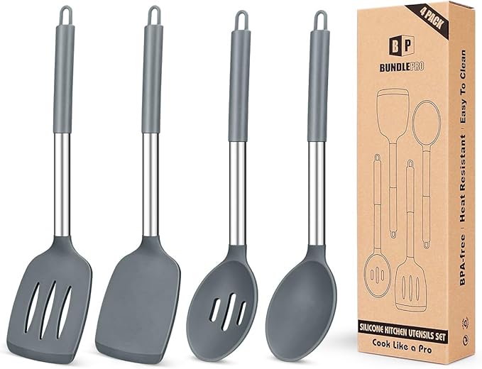 Pack of 4 Silicone Cooking Utensils Set, Non Stick Large Solid Spatulas, Heat Resistant Gray Slotted Spoons, Ideal BPA Free Kitchen Turners for Frying, Mixing,Serving,Draining,Turning,Stirring by BUNDLEPRO