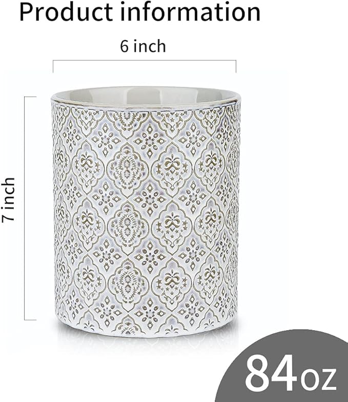 KOOV Kitchen Utensil Holder, Large Utensil Holders for Countertop, 6 x 7 Inches Ceramic Utensil Crock, Deep and Stable, Cooking Utensil Holder, Embossed Pattern, White - Image 3