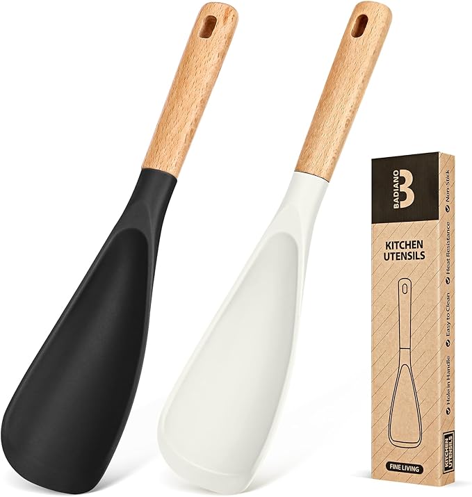 Cooking Spoon for Nonstick Cookwares, Great for Cooking and Serving Sturdy BPA-Free Matte Silicone, Wood Handle Spoon for Mixing, Scoop, and Scrape (Black & White, 11.4 inch) by BADIANO