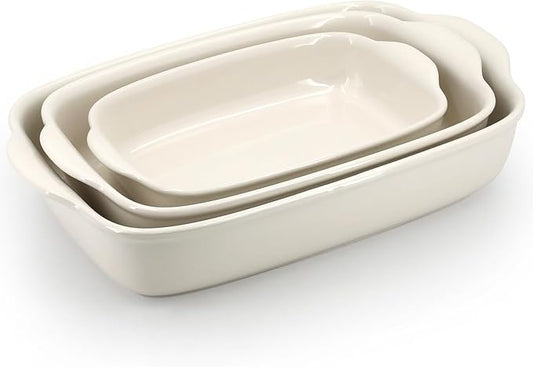3-Pack Ceramic Baking Dishes Set,Heavy-Duty Oven-Safe Stoneware,Deep Rectangular Casserole Pans for Lasagna & Baking,High Heat Resistant,Handcrafted Glazed Finish (13.8''/12''/9.6'' Pure Off-White) by Krokori