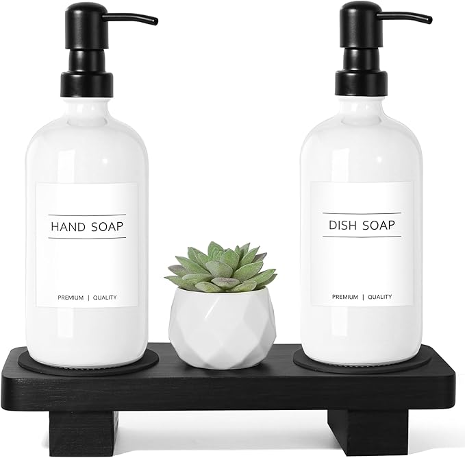 KASUNTING Hand Soap Dispenser for Kitchen, White Soap Dispensers with Stainless Steel Pump, Bathroom Soap Dispenser Set with Wood Riser Tray, Kitchen Dish Soap Dispensers Bathroom Decor(White) by ALPIRIRAL