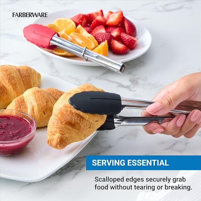 Farberware Classic S2 Mini Tongs Set of 2, 7-Inch Stainless Steel Kitchen Tongs with Silicone Tips, Heat Resistant Cooking Tongs with Ring Lock for Compact Storage, Red and Black - Image 4