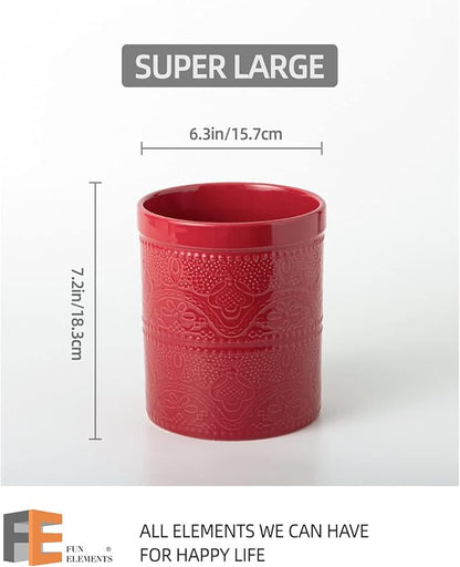 FUN ELEMENTS Kitchen Utensil Holder, 7.2" Super Large Utensil Crock Heavy and Stable Lace Emboss Ceramic Utensil Holder for Kitchen Counter (Christmas Red) - Image 5