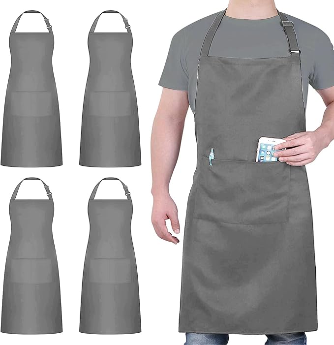 4 Packs Chef Apron, Waterproof Apron, Adjustable Aprons with 2 Pockets for Men Women, Professional Aprons for Kitchen Cooking Gardening Painting Baking Restaurant (Gray) by loteaf