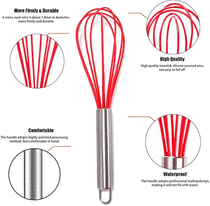Silicone Whisk set of 3, 8+10+12in Kitchen Balloon Wire Whisks, Hand Egg Mixer Beater for Cooking