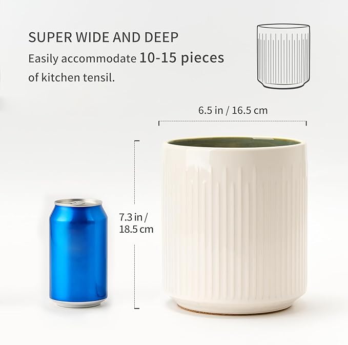 JIEMEI HOME Kitchen Utensil Holder, 7.2" Large Ceramic Stable Utensil Crock for Countertop, Utensil Organizer with Cork Mat, Removable Bamboo Divider for Easy, Kitchen Decor, White & Green - Image 3