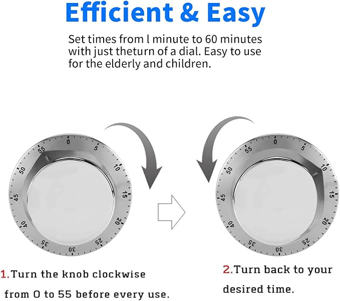 Kitchen Timers for Cooking, Chef Cooking Timer Clock with Loud Alarm - Magnetic Backing 100% Mechanical Desk Timer - No Batteries Required, Countdown Reminder Magnetic - Exquisite Stainless Steel Body - Image 2