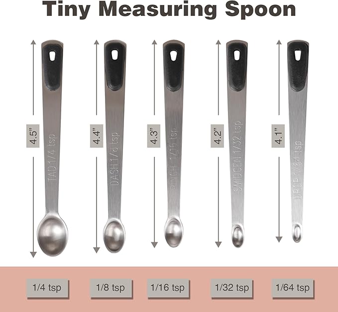 Mini Measuring Spoons Set, Tiny Stainless Steel Measure Teaspoons with Black Silicone Handle, Suitable for Small Amount of Dry or Liquid Ingredients and Spices (1/64, 1/32, 1/16, 1/8, 1/4 tsp) - Image 2
