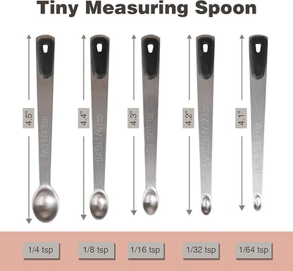 Mini Measuring Spoons Set, Tiny Stainless Steel Measure Teaspoons with Black Silicone Handle, Suitable for Small Amount of Dry or Liquid Ingredients and Spices (1/64, 1/32, 1/16, 1/8, 1/4 tsp) - Image 2