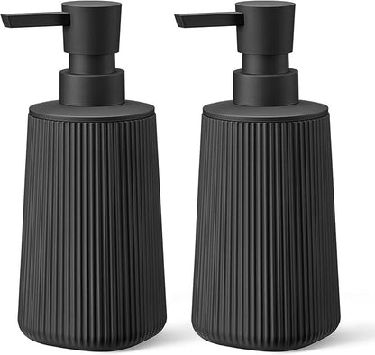 Black 2 Pack Hand Soap Dispensers Set with No Rust Pump for Bathroom and Kitchen Countertops Refillable Matte Striped Plastic 8.5 oz