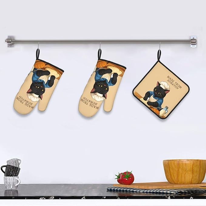Funny Black Cat Oven Mitts and Pot Holders Set, Heat Resistant Cute Oven Gloves Hot Pads for Cooking Grilling Baking Kitchen Decor, Black Cat Lover Gifts for Chef Baker, Baking Gifts for Women