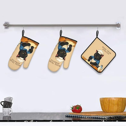 Funny Black Cat Oven Mitts and Pot Holders Set, Heat Resistant Cute Oven Gloves Hot Pads for Cooking Grilling Baking Kitchen Decor, Black Cat Lover Gifts for Chef Baker, Baking Gifts for Women