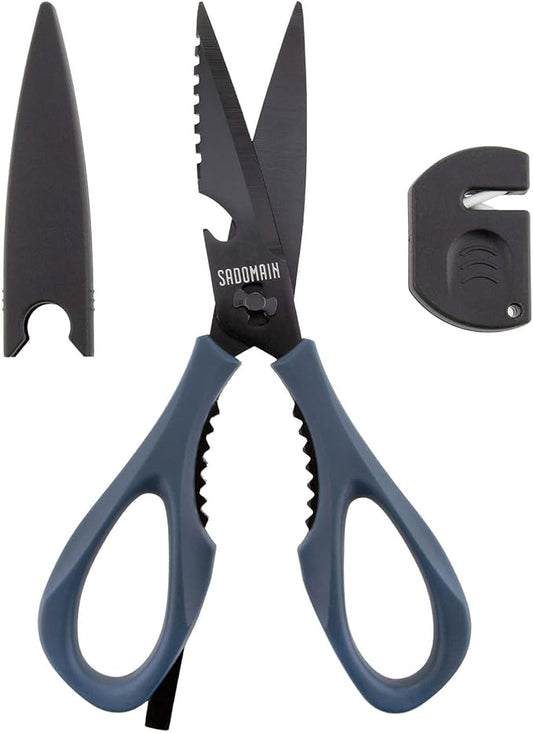 Kitchen Scissors All Purpose, Extra Sharp Kitchen Shears with Knife Sharpener & Sheath, Solid & Durable Stainless Steel Scissors with ANTI-RUST Black Titanium Plated, Dishwasher Safe - Blue