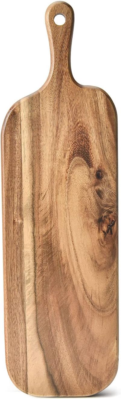BILL.F Acacia Wood Cutting Board with Handle Small Size Long Wooden Charcuterie Board Paddle Cheese Board Serving Boards for Kitchen Meat, Pizza,Cheese, Bread, Vegetables &Fruits 16'' x 4.7'' x 0.6'' by BFBILLFSINCE1983
