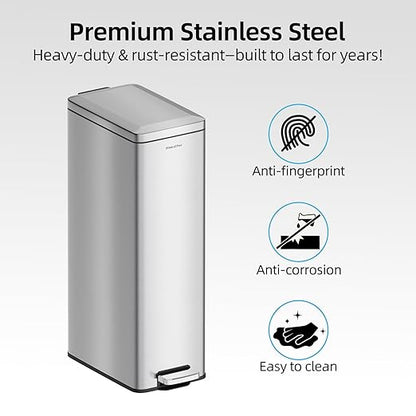 8 gallon/30L Slim Stainless Steel Garbage Can with Soft Close lid for Small Spaces，Pedal Fingerprint Proof Trash Bin with Removable Inner Bucket for Kitchen - Image 5