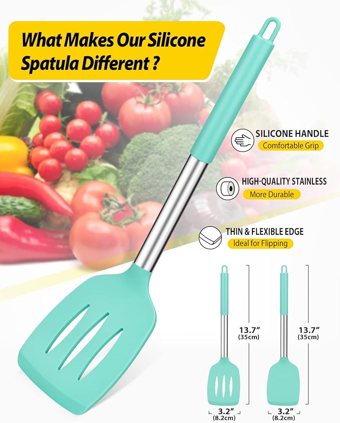 Pack of 2 Silicone Solid Turner, Non Stick Slotted Kitchen Spatulas, High Heat Resistant BPA Free Cooking Utensils, Ideal Cookware for Fish, Eggs, Pancakes(Green) - Image 2