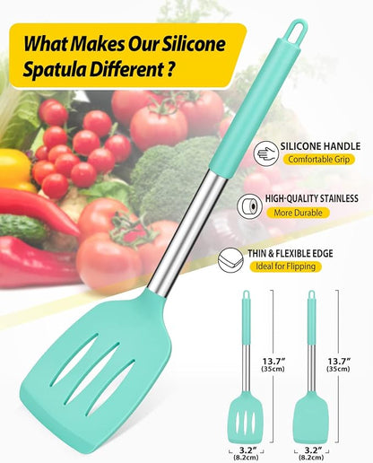 Pack of 2 Silicone Solid Turner, Non Stick Slotted Kitchen Spatulas, High Heat Resistant BPA Free Cooking Utensils, Ideal Cookware for Fish, Eggs, Pancakes(Green) - Image 2
