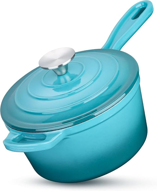 HaSteeL 2 QT Cast Iron Saucepan, Mini Enamel dutch oven with lid, Small Non Stick Pan for Milk, Pasta Tomato Sauce, Butter, Breakfast, Soup, Suitable for Boiling Stewing Frying, Easy to Clean, Green